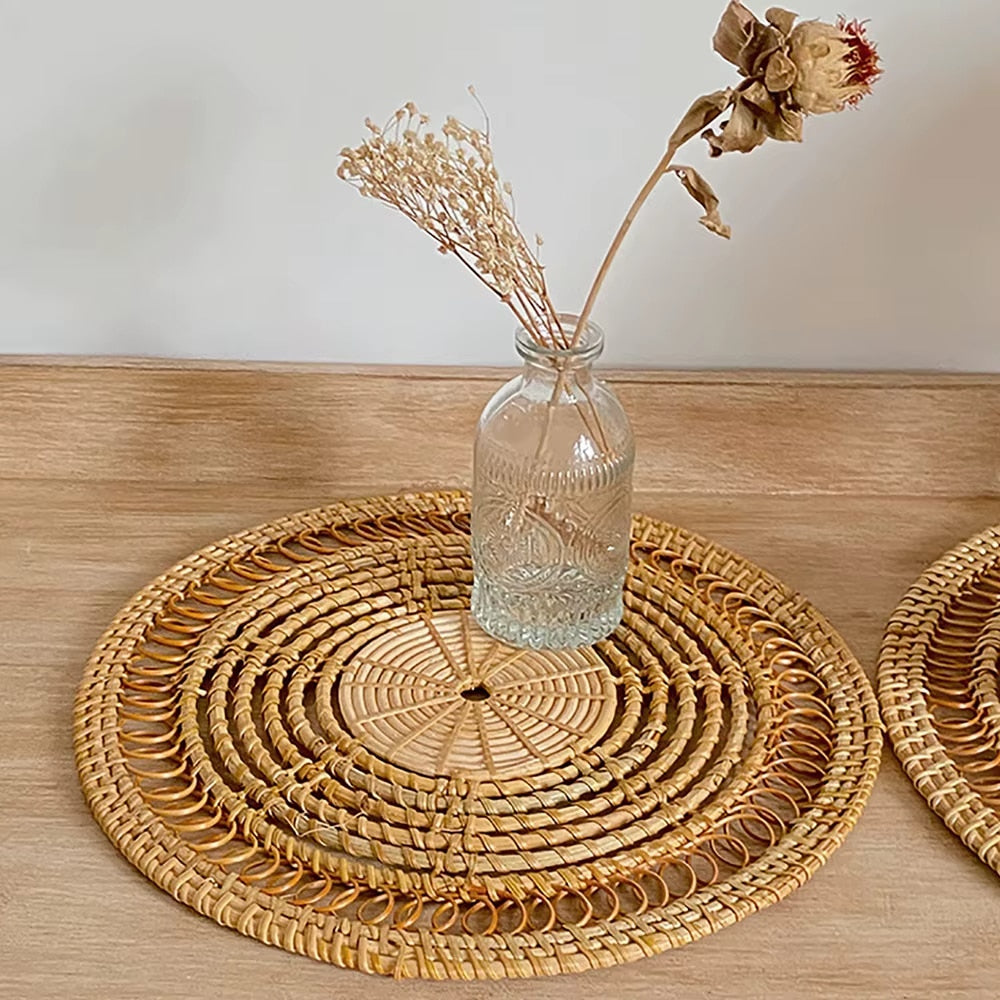 Round handwoven rattan decorative tray in natural beige