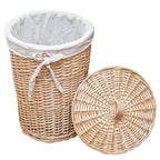 Round rattan laundry hamper with cotton liner and woven lid