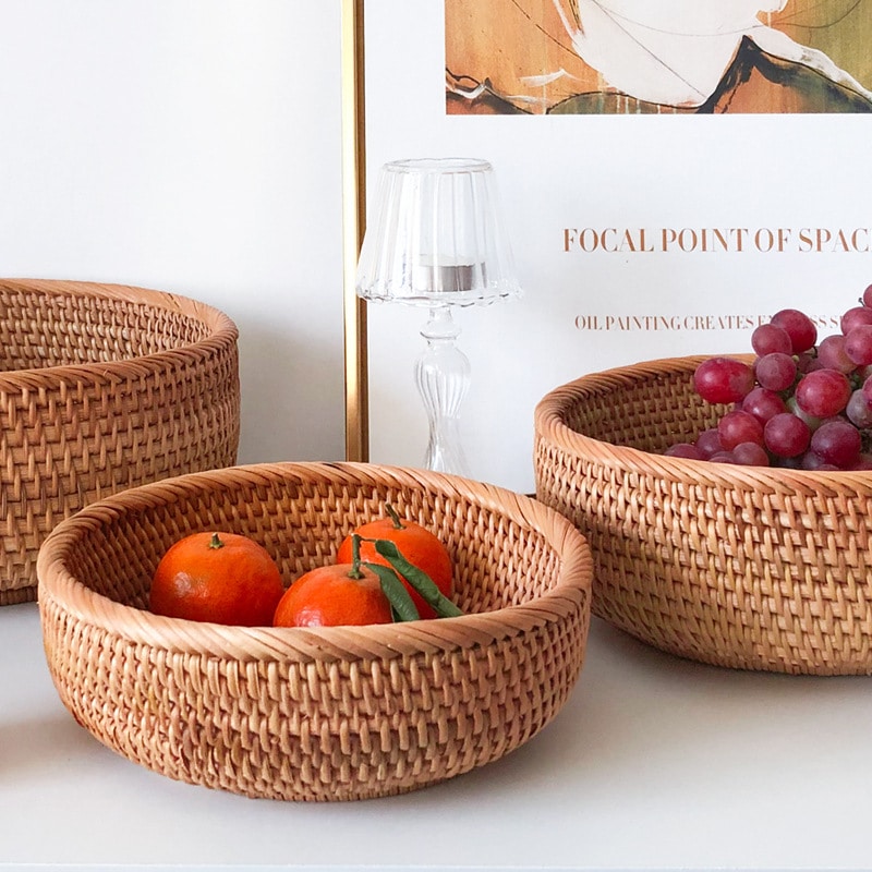 Round handwoven honey rattan bowl basket