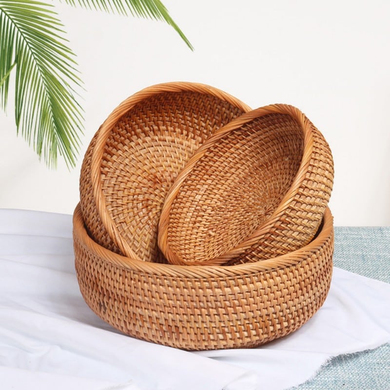 Round handwoven honey rattan bowl basket