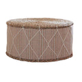 Round hand woven rattan pouf with a beige fabric band