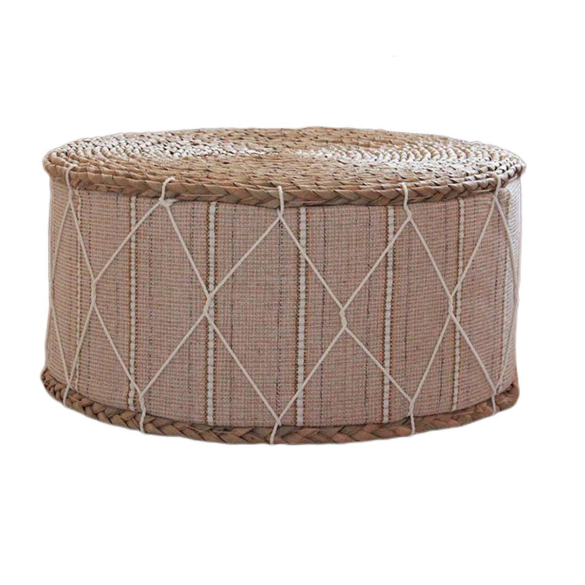 Round hand woven rattan pouf with a beige fabric band