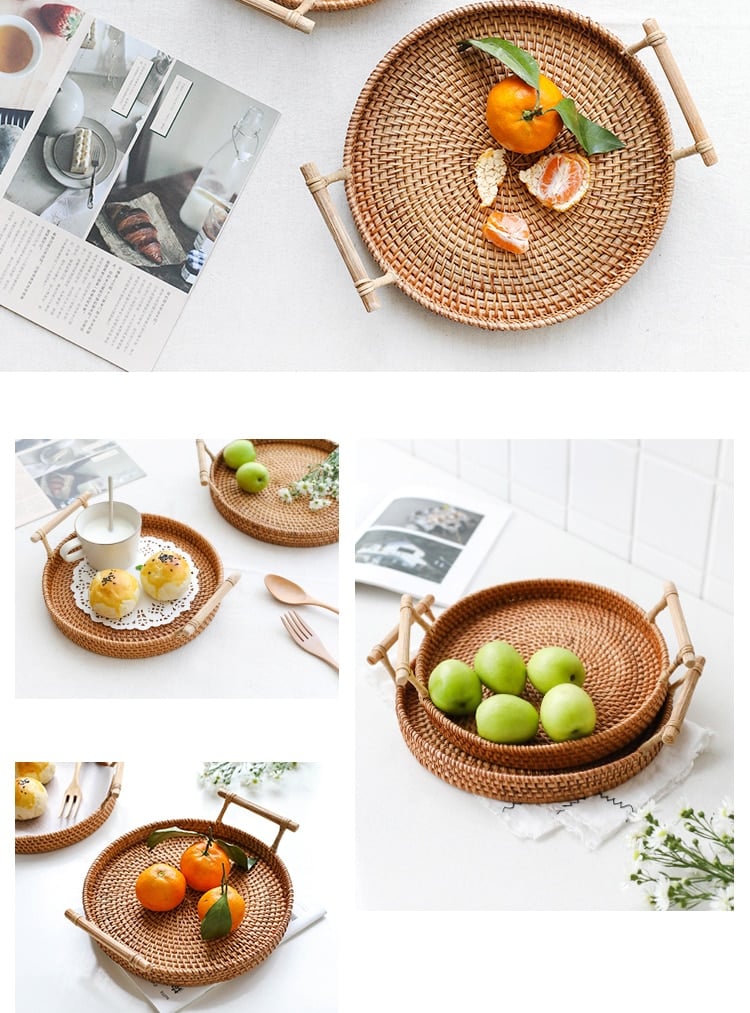 Round rattan serving tray with solid wooden handles