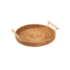 Round rattan serving tray with solid wooden handles