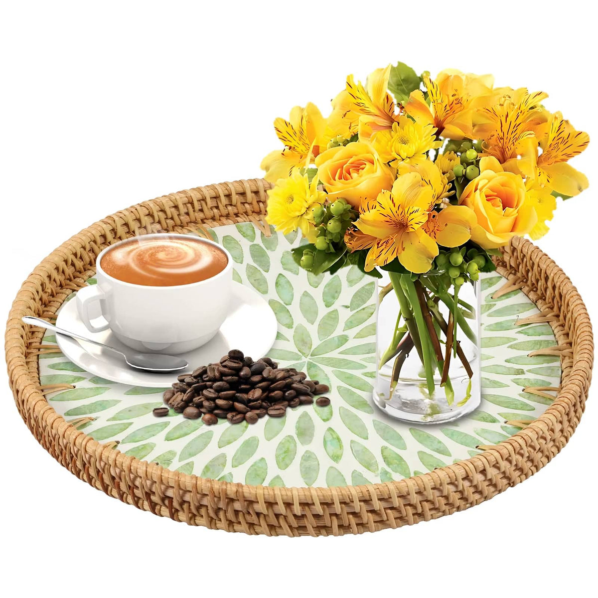 Round rattan tray with green leaf pattern and woven border