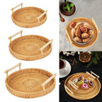 Round handwoven rattan tray with an arched center handle