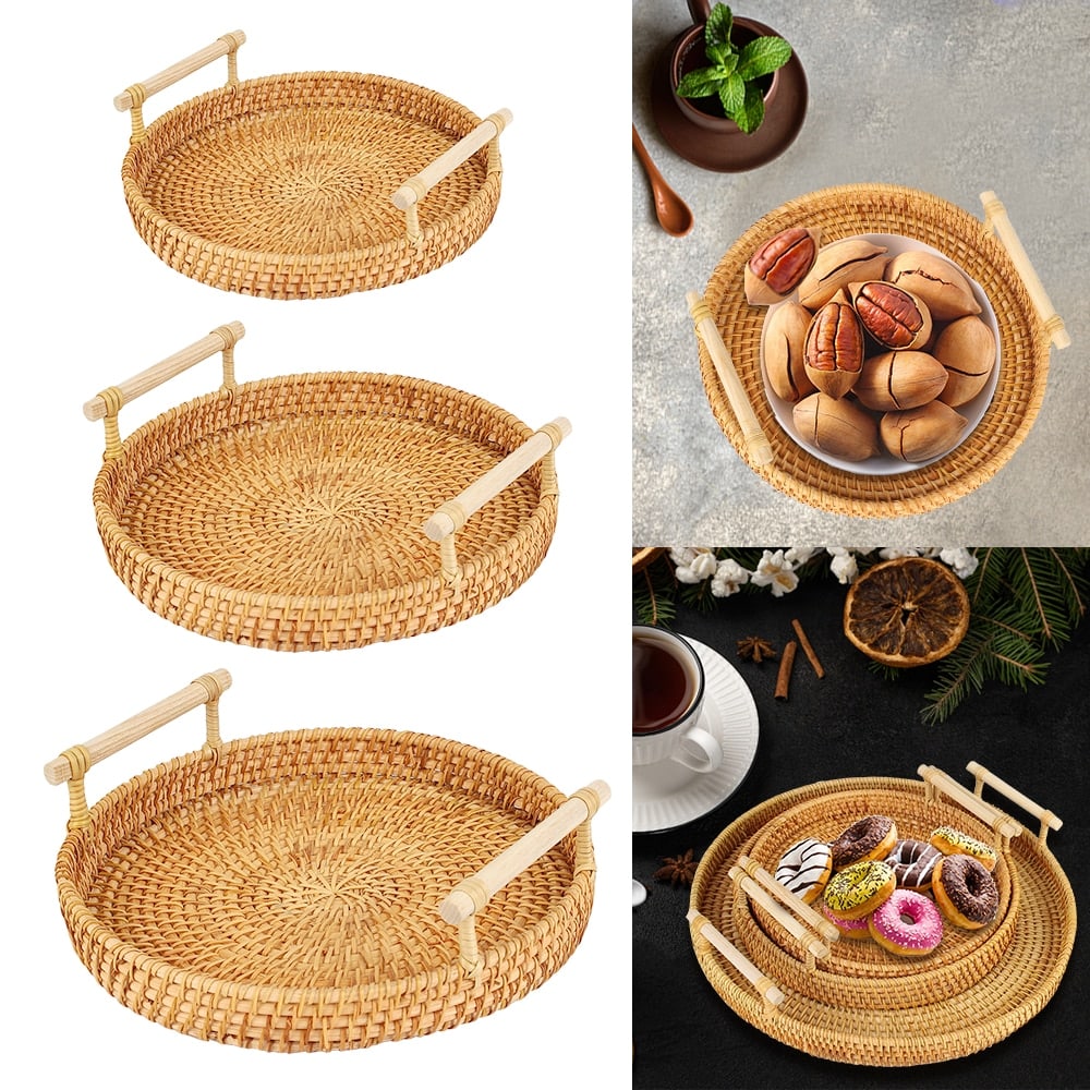 Round handwoven rattan tray with an arched center handle