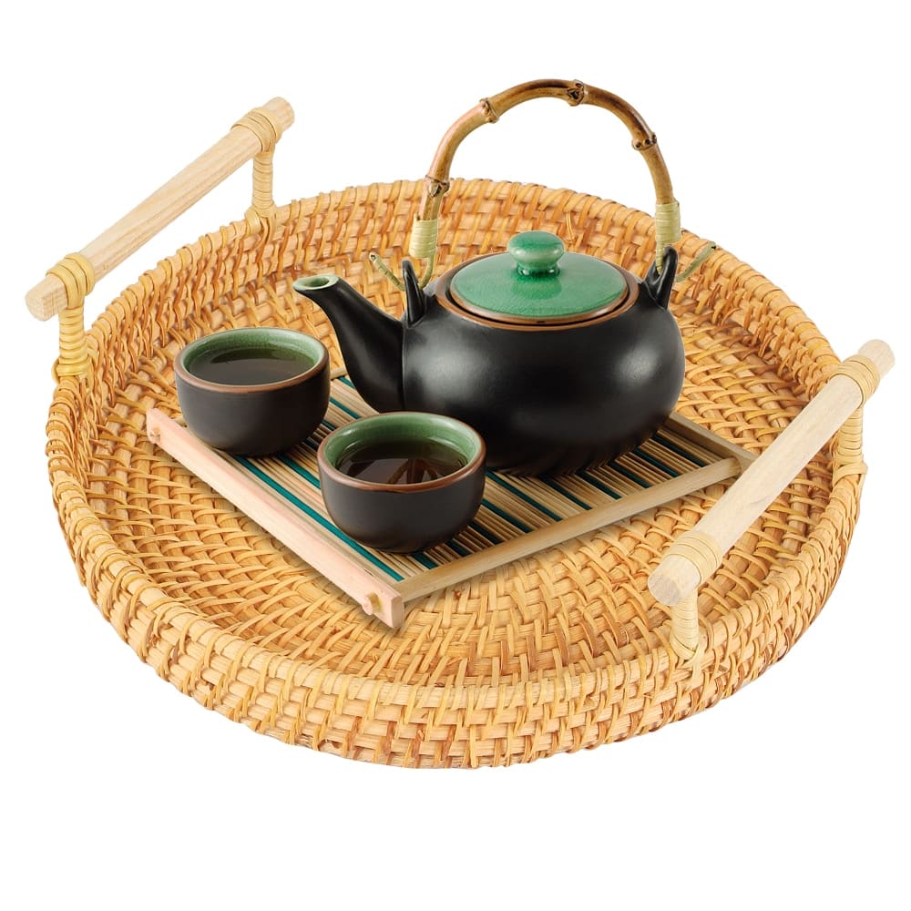 Round handwoven rattan tray with an arched center handle