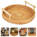 Round handwoven rattan tray with an arched center handle
