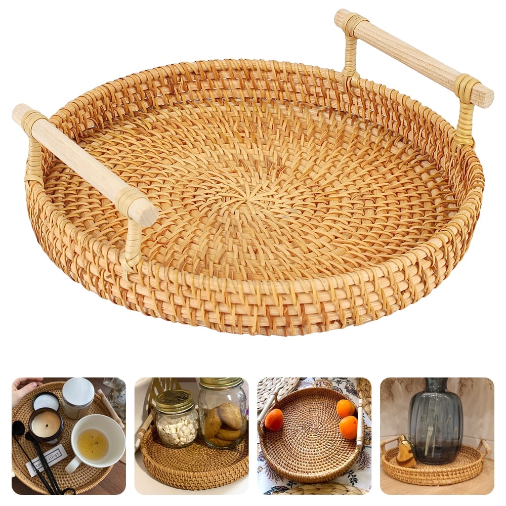 Round handwoven rattan tray with an arched center handle