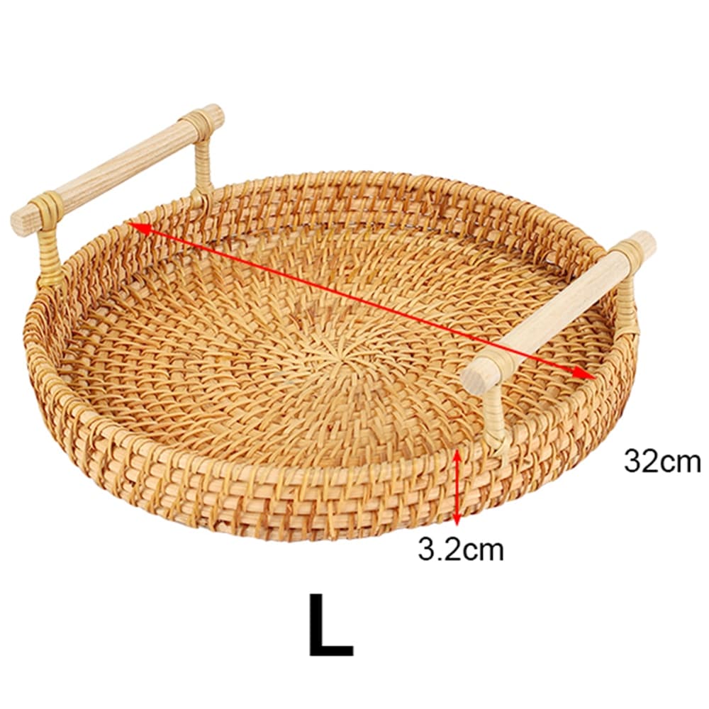 Round handwoven rattan tray with an arched center handle