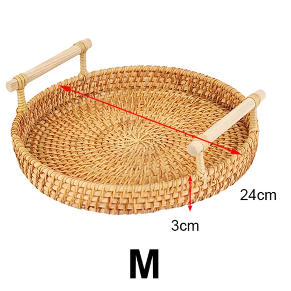 Round handwoven rattan tray with an arched center handle