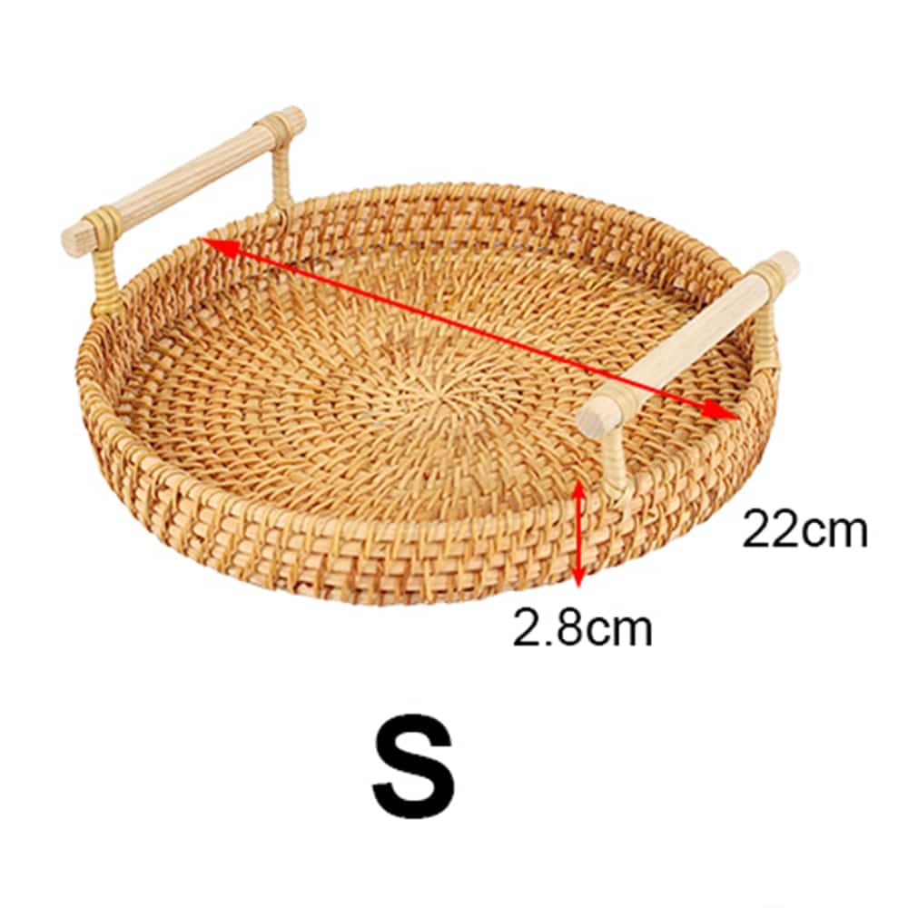 Round handwoven rattan tray with an arched center handle