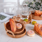 Round handwoven rattan tray with two side handles