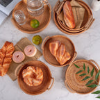 Round handwoven rattan tray with two side handles