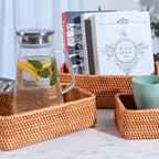 Round handwoven rattan tray with two side handles