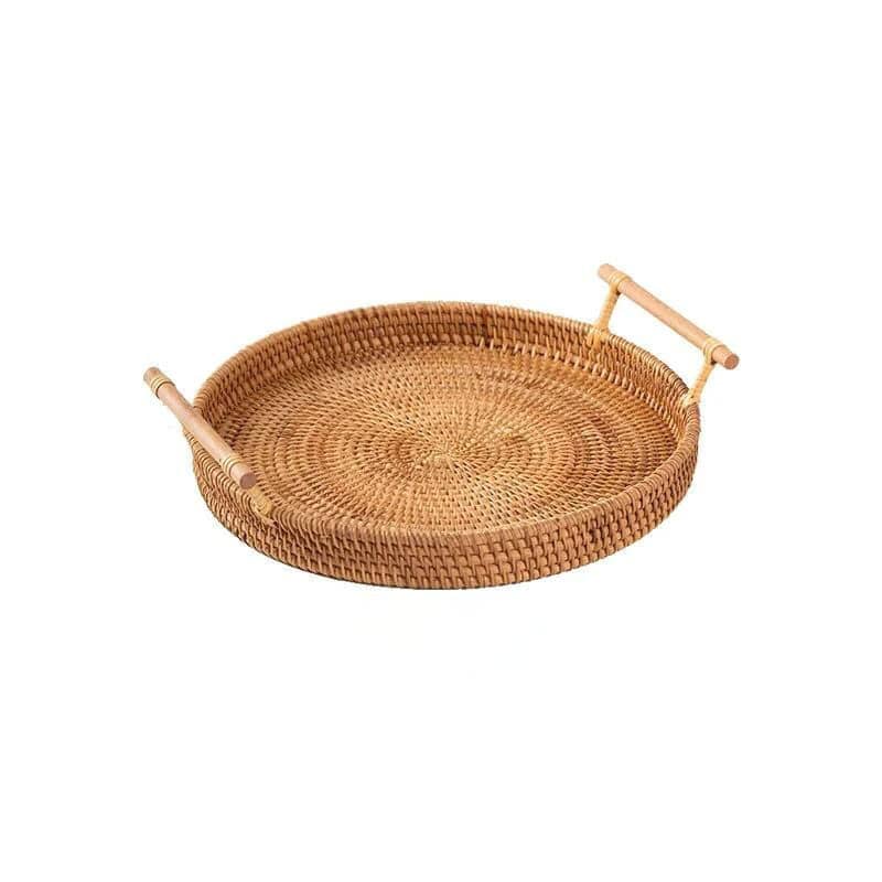 Round rattan serving tray with two light wooden handles