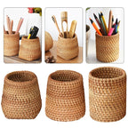 Round honey rattan cups holding wooden utensils