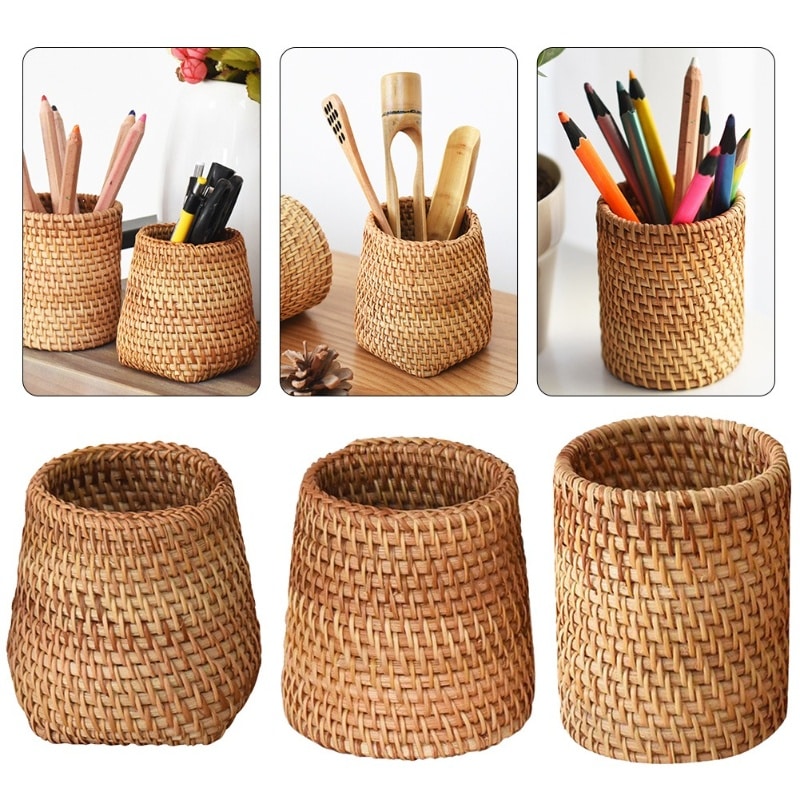 Round honey rattan cups holding wooden utensils