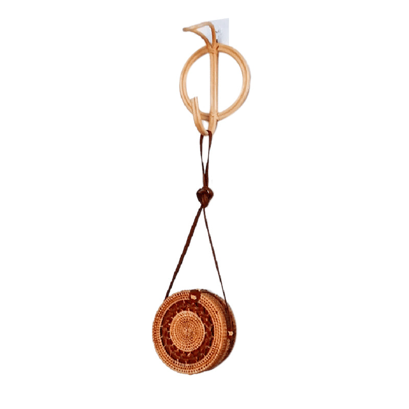 Round hand woven natural rattan wall hook with a central hook