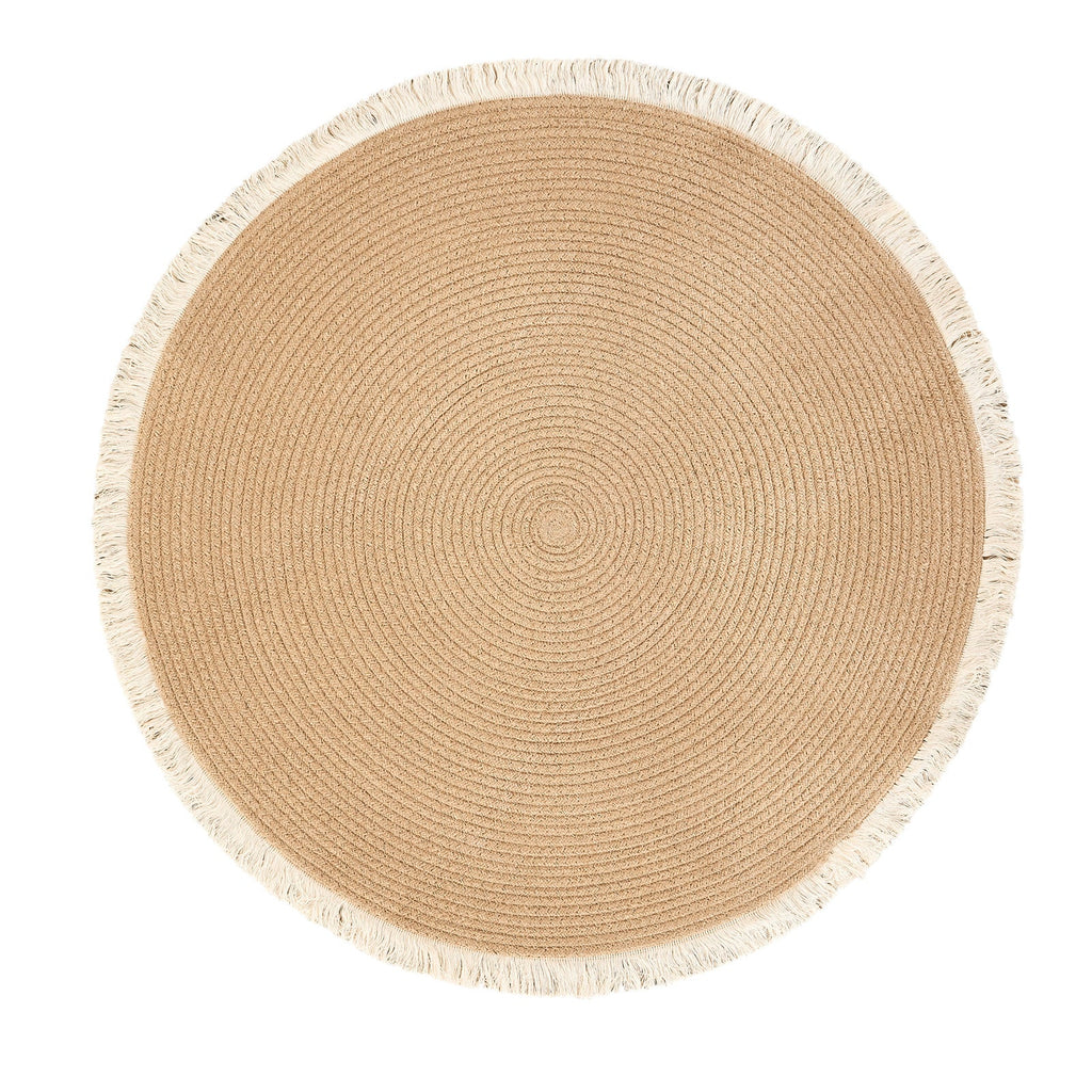Round two tone braided rug with a cream fringe on a herringbone floor