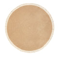 Round two tone braided rug with a cream fringe on a herringbone floor
