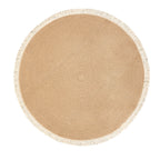 Round two tone braided rug with a cream fringe on a herringbone floor