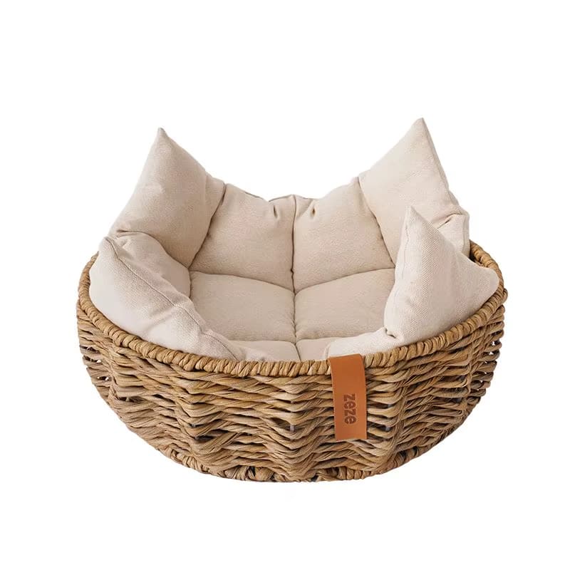 Round wicker dog basket with a cream cushion