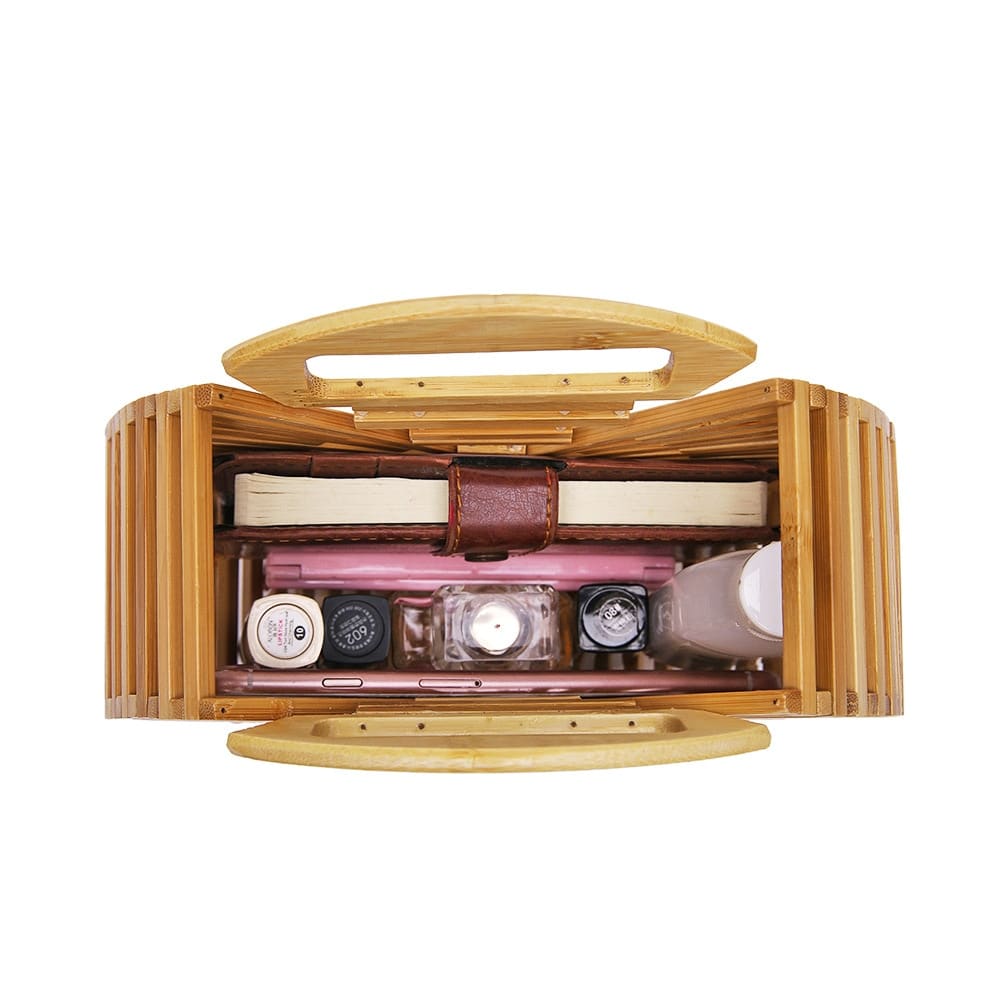 Round handbag pairing smooth sanded wood with a hand woven rattan body