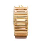 Round handbag pairing smooth sanded wood with a hand woven rattan body