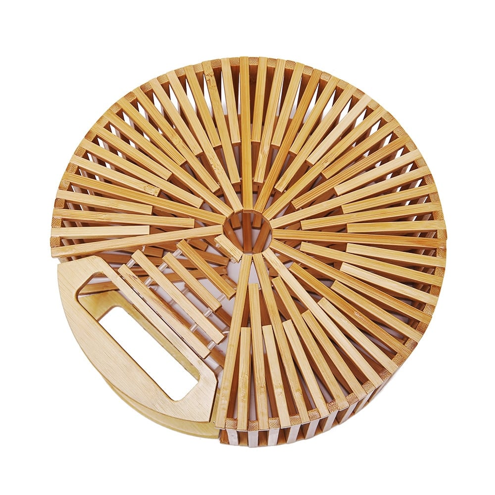 Round handbag pairing smooth sanded wood with a hand woven rattan body