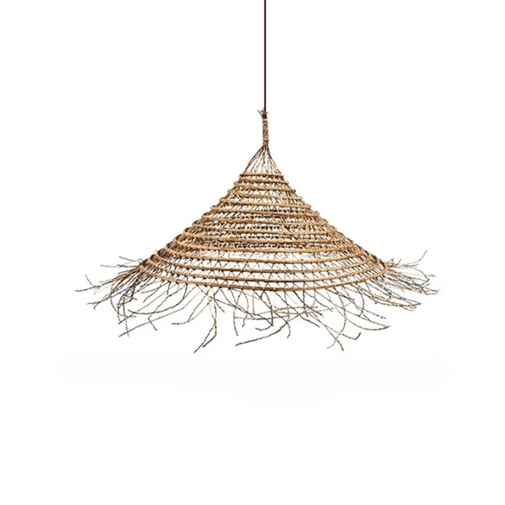 Large round woven bamboo chandelier with regular braids in golden beige