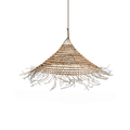 Large round woven bamboo chandelier with regular braids in golden beige