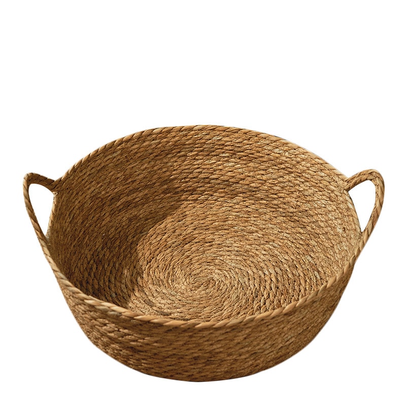 Round woven dog basket with two handles