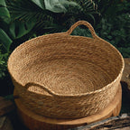 Round woven dog basket with two handles