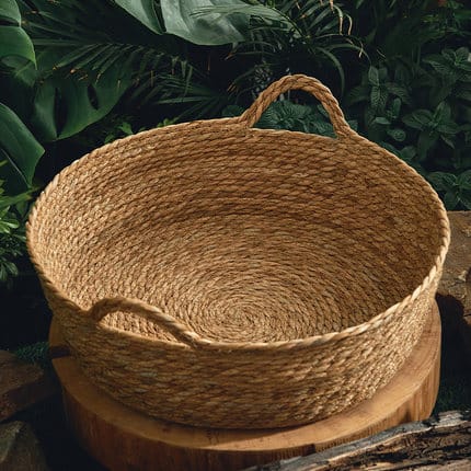 Round woven dog basket with handles