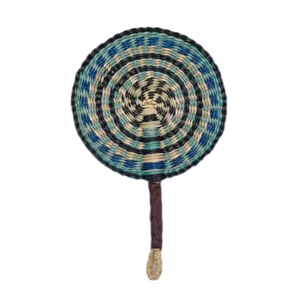 Round woven hand fan with wrapped handle in natural, blue or pink rings