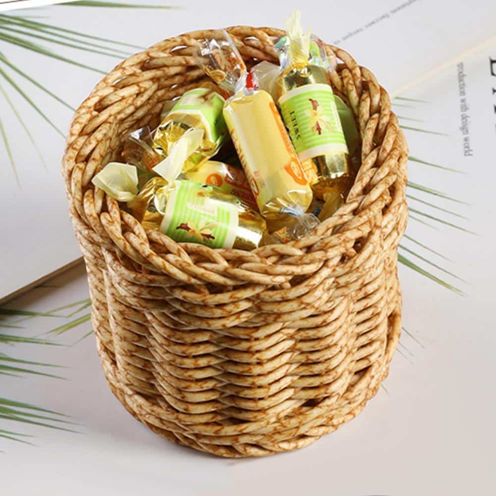 Small round woven cup holding tubes and toiletries