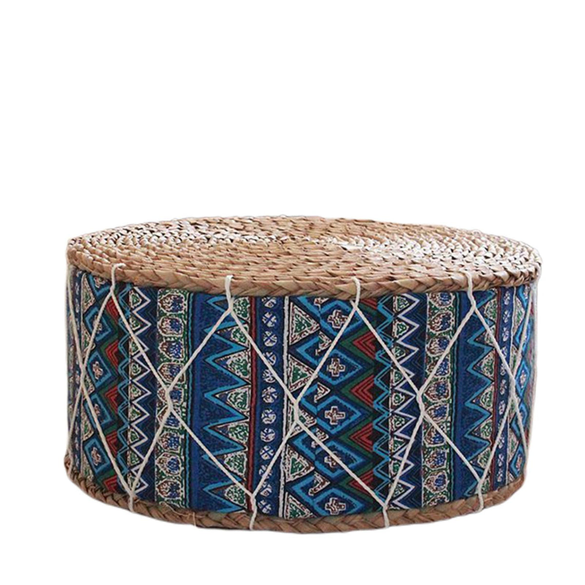 Round hand woven rattan pouf with blue tone patterns