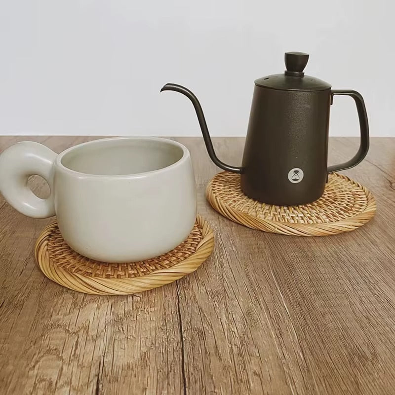 Round hand woven natural rattan coaster with a center opening