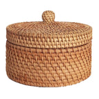 Round hand woven rattan cookie box with a fitted lid
