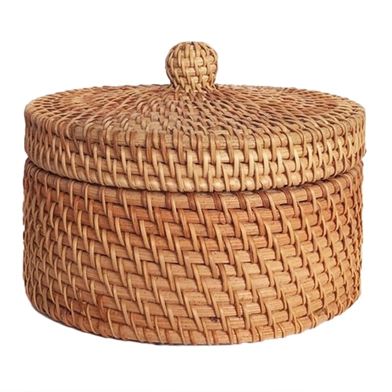 Round hand woven rattan cookie box with a fitted lid