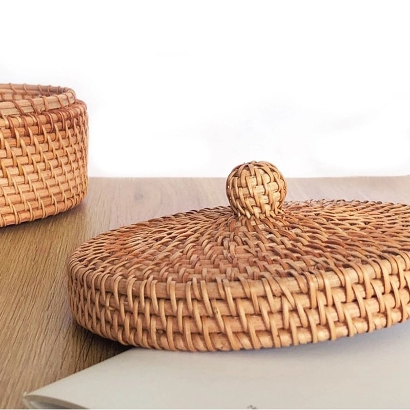 Round hand woven rattan cookie box with a fitted lid