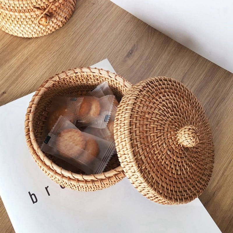 Round hand woven rattan cookie box with a fitted lid