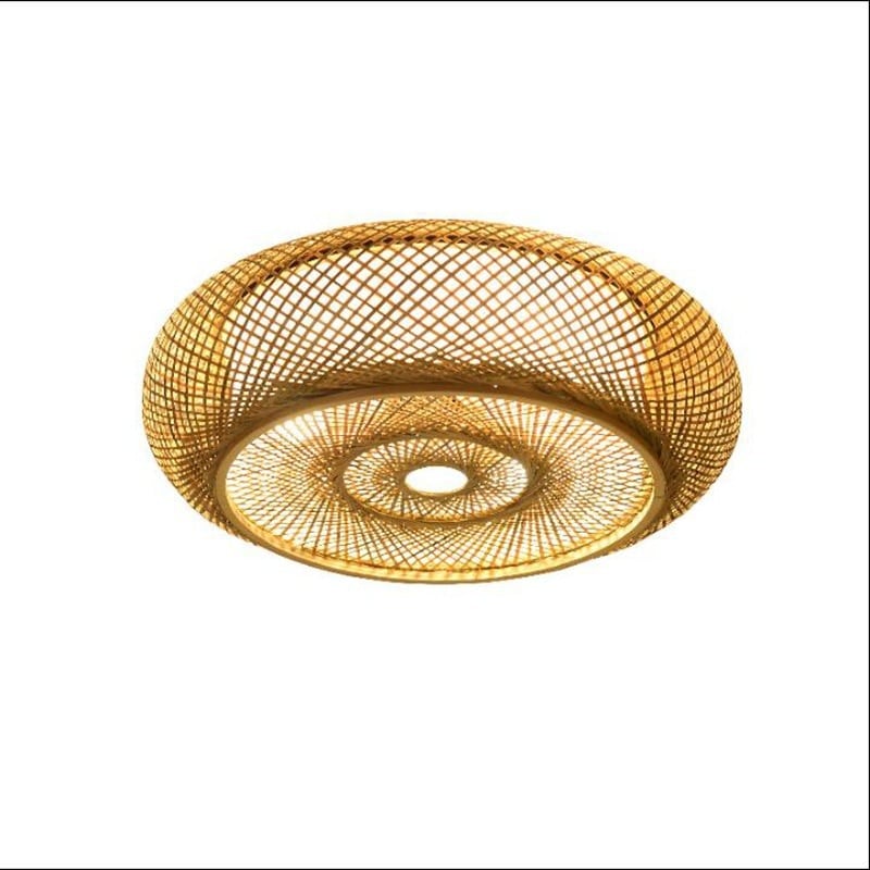 Wide round openwork pendant light hand woven in natural rattan