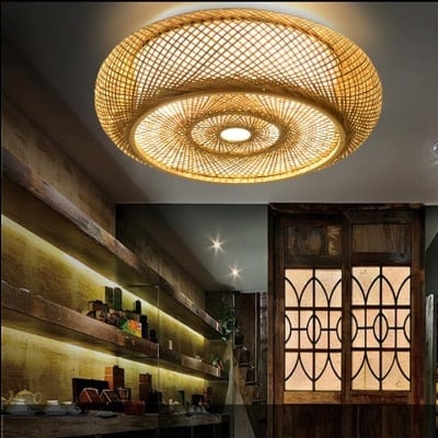 Wide round openwork pendant light hand woven in natural rattan