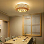 Wide round openwork pendant light hand woven in natural rattan