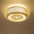 Wide round openwork pendant light hand woven in natural rattan