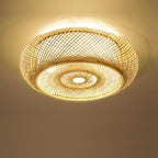 Wide round openwork pendant light hand woven in natural rattan