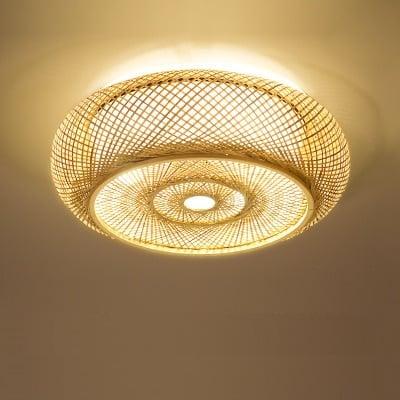 Wide round openwork pendant light hand woven in natural rattan